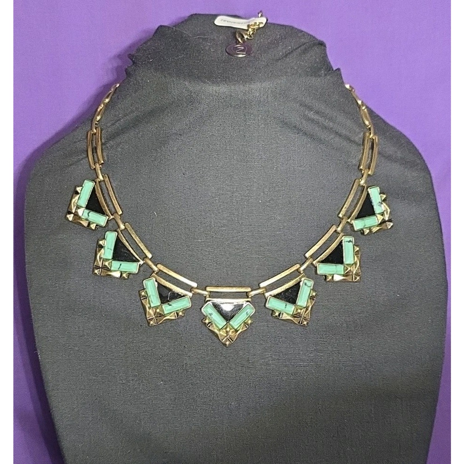 Egyptian Style Statement Necklace Gold Tone Brass Faux Turquoise Chevron Links